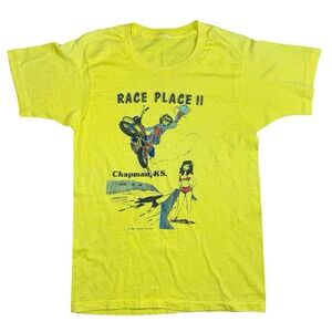Vintage 1982 Race Place II Motorcycle Graphic T-Shirt Small Yellow Single Stitch